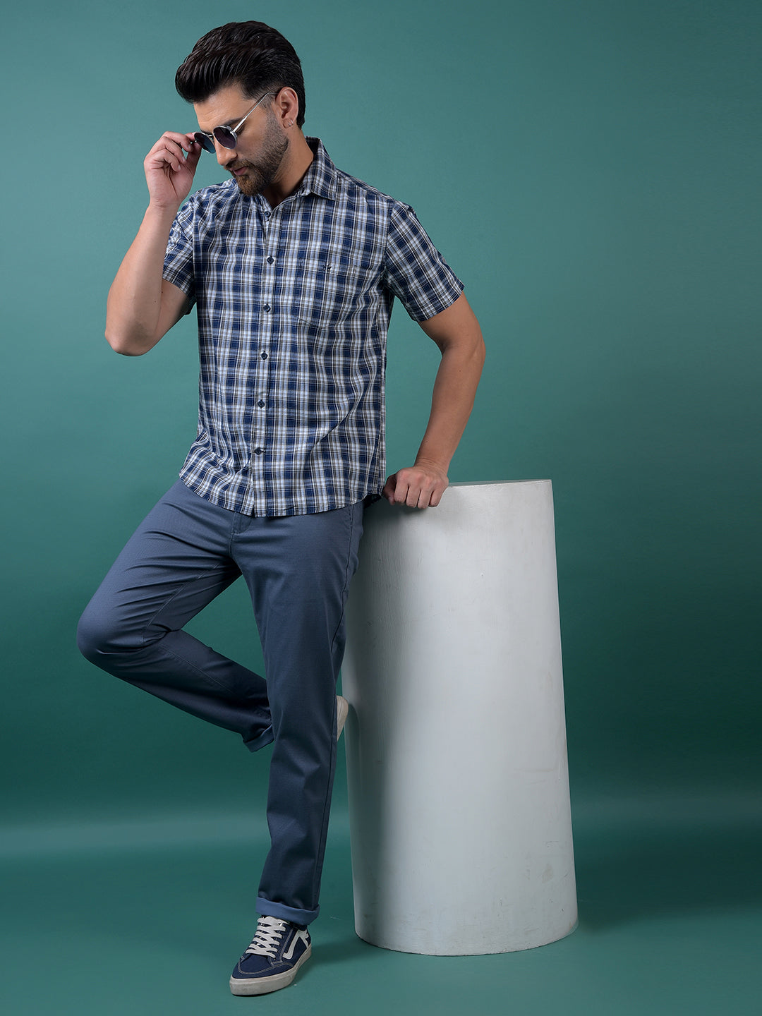 Blue Checked 100% Cotton Shirt-Men Shirts-Crimsoune Club