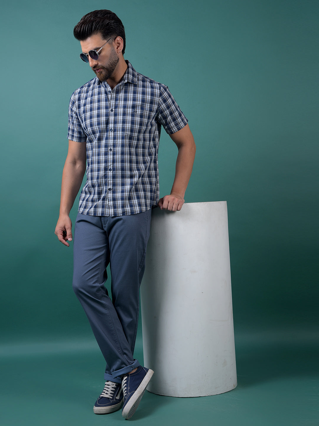 Blue Checked 100% Cotton Shirt-Men Shirts-Crimsoune Club