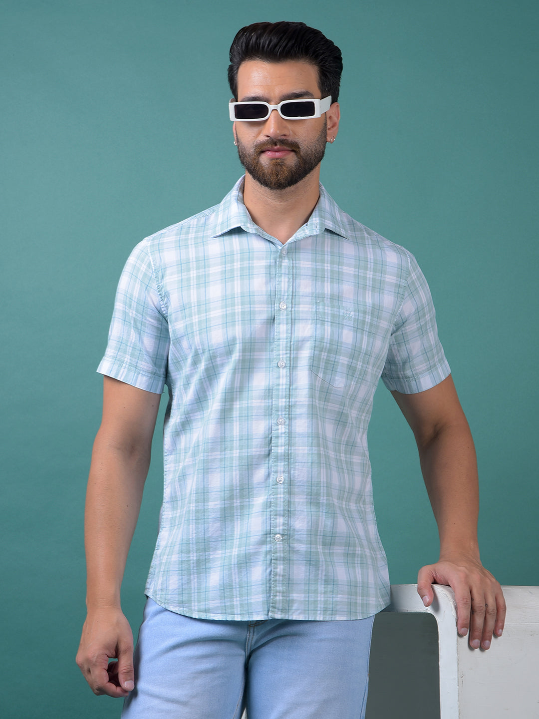 Blue Checked 100% Cotton Shirt-Men Shirts-Crimsoune Club