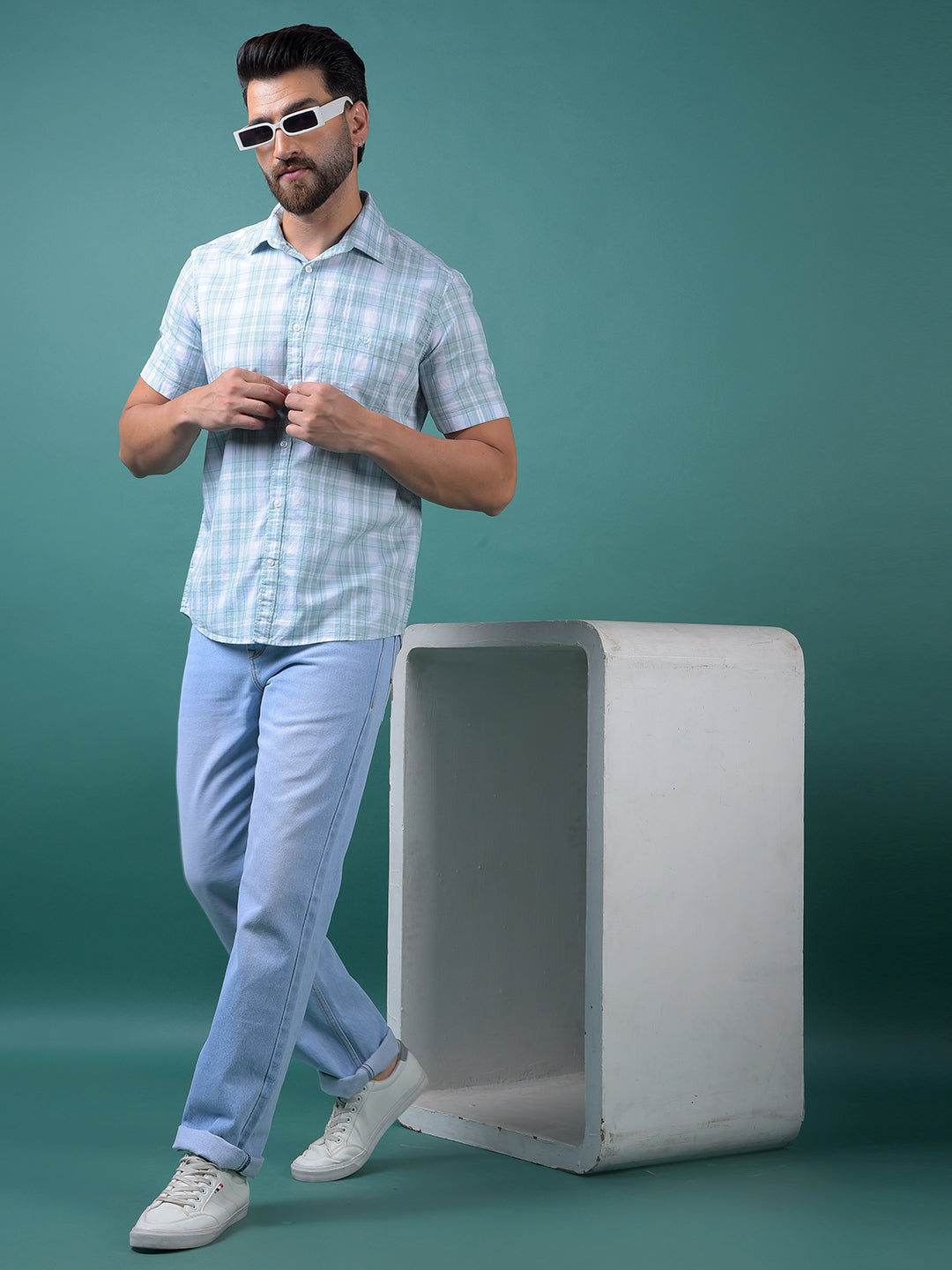 Blue Checked 100% Cotton Shirt-Men Shirts-Crimsoune Club