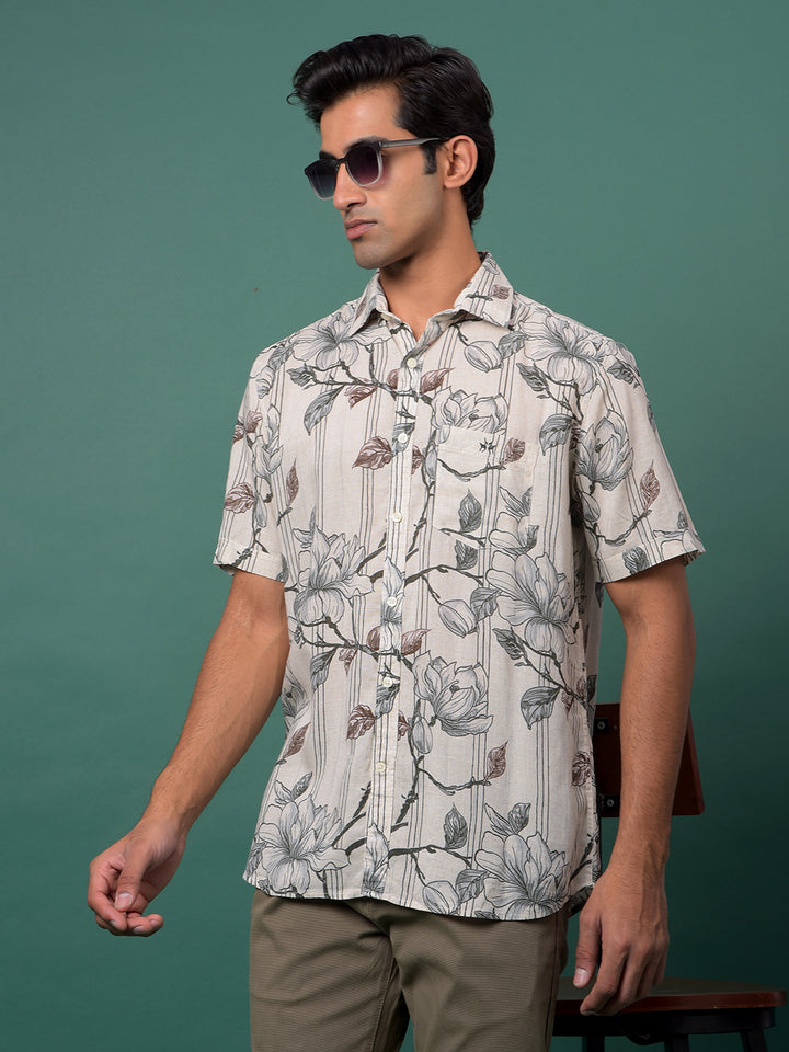 Grey Floral Print Linen Shirt-Men Shirts-Crimsoune Club