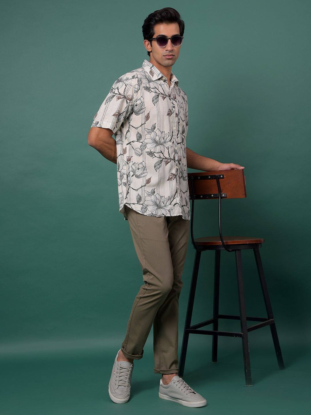 Grey Floral Print Linen Shirt-Men Shirts-Crimsoune Club