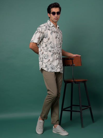 Grey Floral Print Linen Shirt-Men Shirts-Crimsoune Club