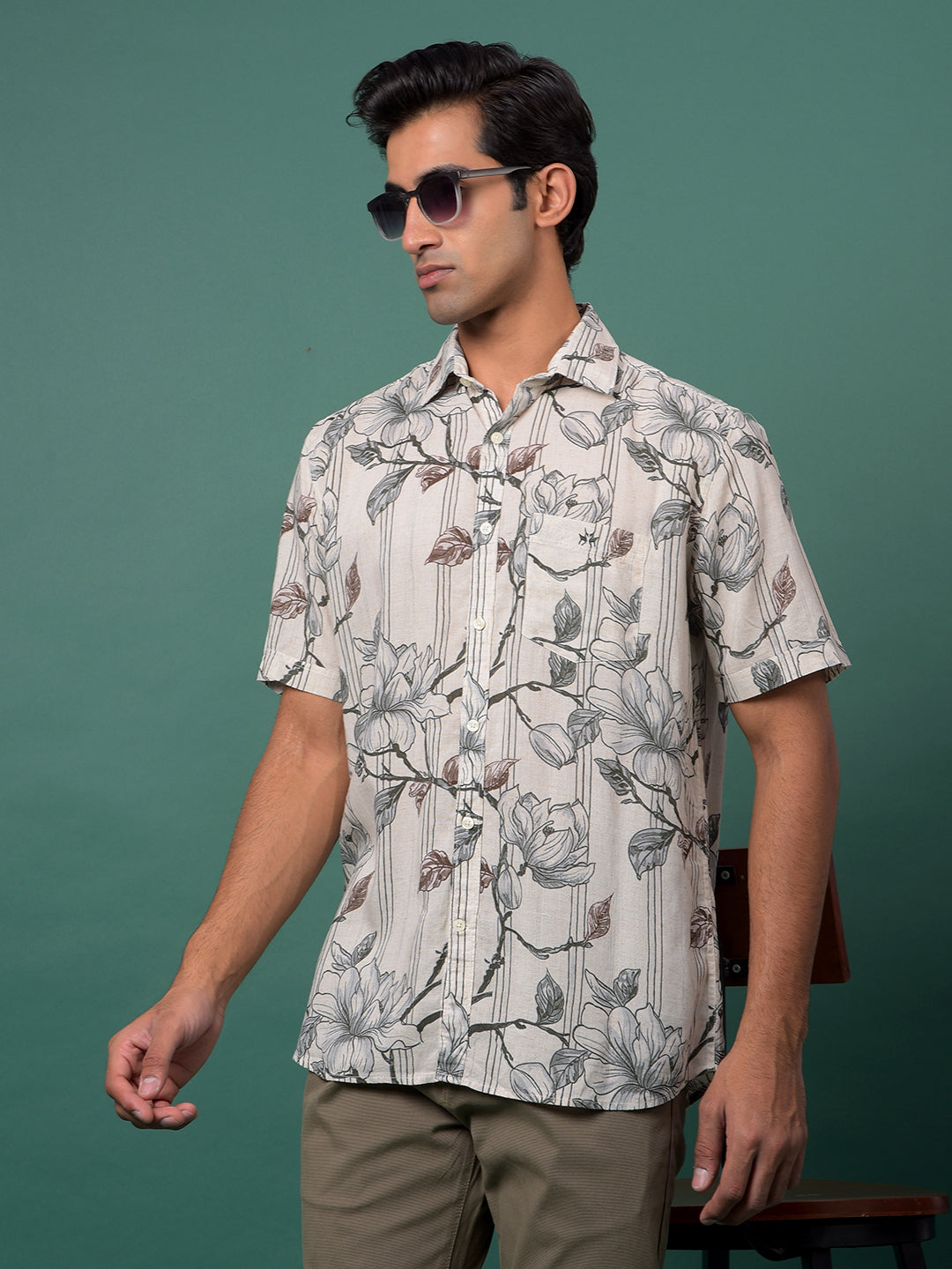 Grey Floral Print Linen Shirt-Men Shirts-Crimsoune Club