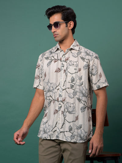 Grey Floral Print Linen Shirt-Men Shirts-Crimsoune Club