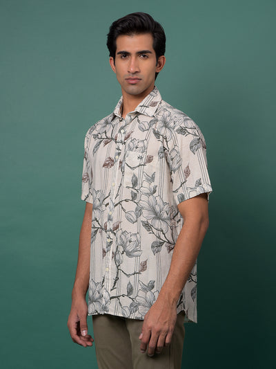 Grey Floral Print Linen Shirt-Men Shirts-Crimsoune Club