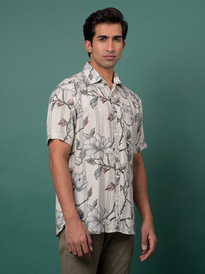 Grey Floral Print Linen Shirt-Men Shirts-Crimsoune Club