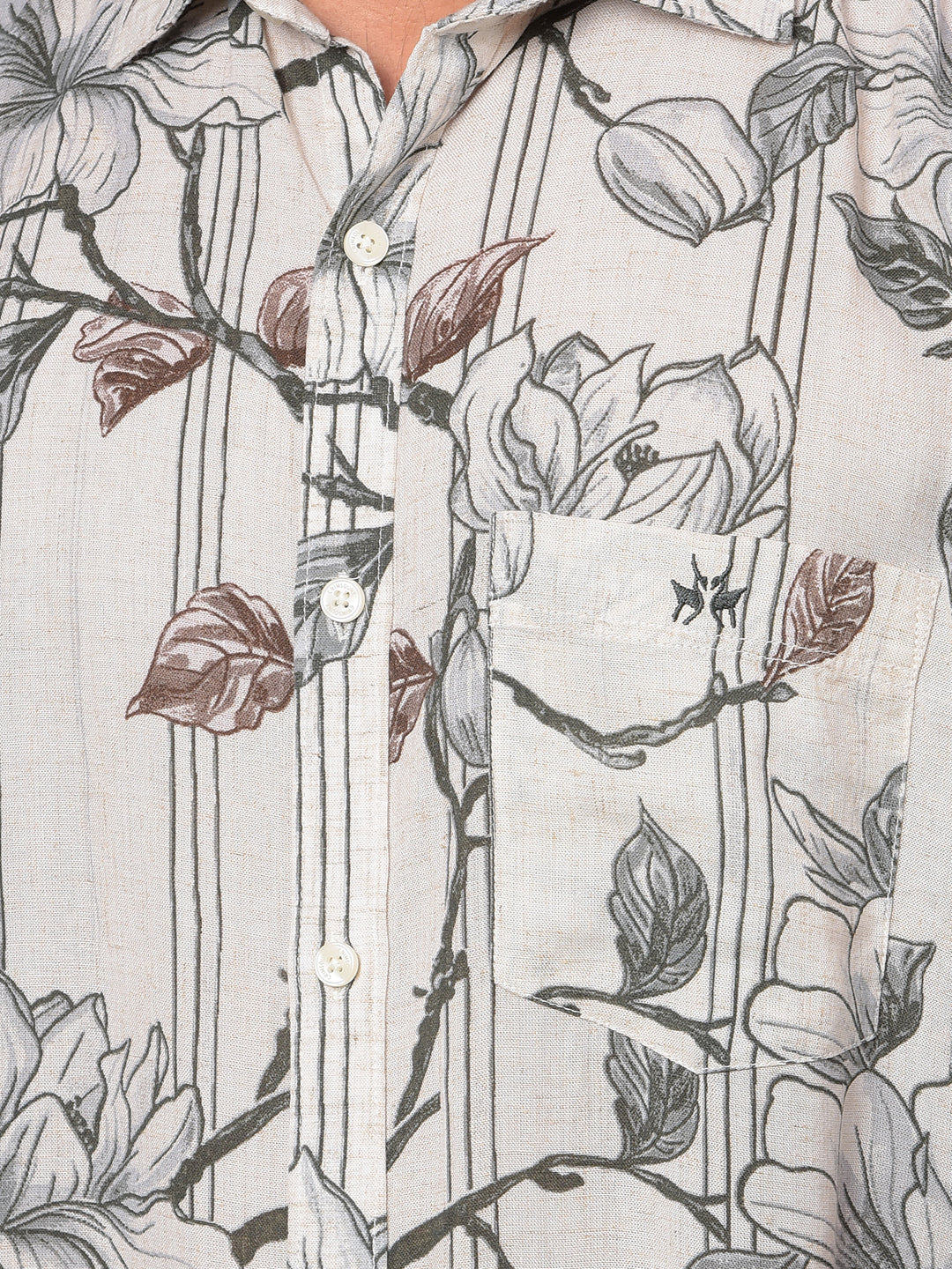 Grey Floral Print Linen Shirt-Men Shirts-Crimsoune Club