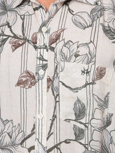 Grey Floral Print Linen Shirt-Men Shirts-Crimsoune Club