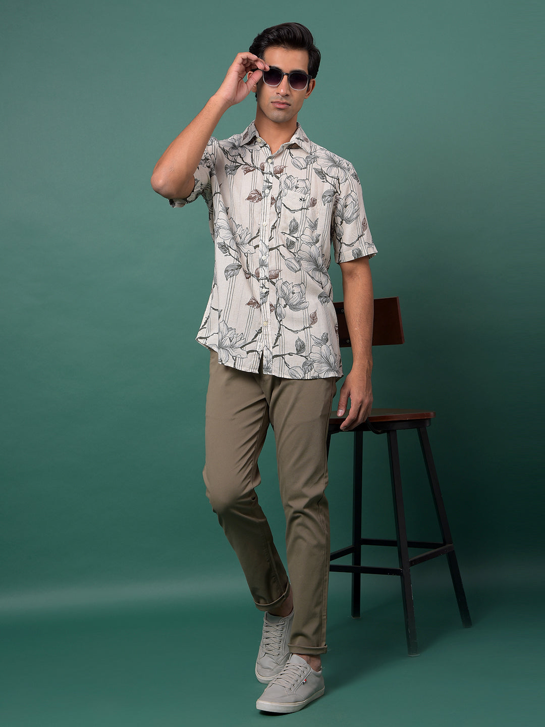 Grey Floral Print Linen Shirt-Men Shirts-Crimsoune Club