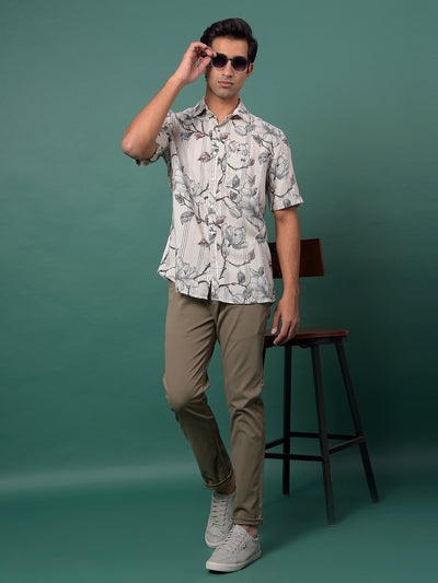 Grey Floral Print Linen Shirt-Men Shirts-Crimsoune Club