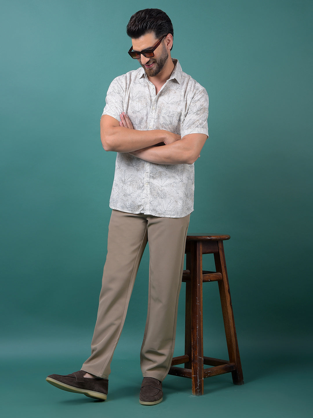 Grey Floral Print Linen Shirt-Men Shirts-Crimsoune Club
