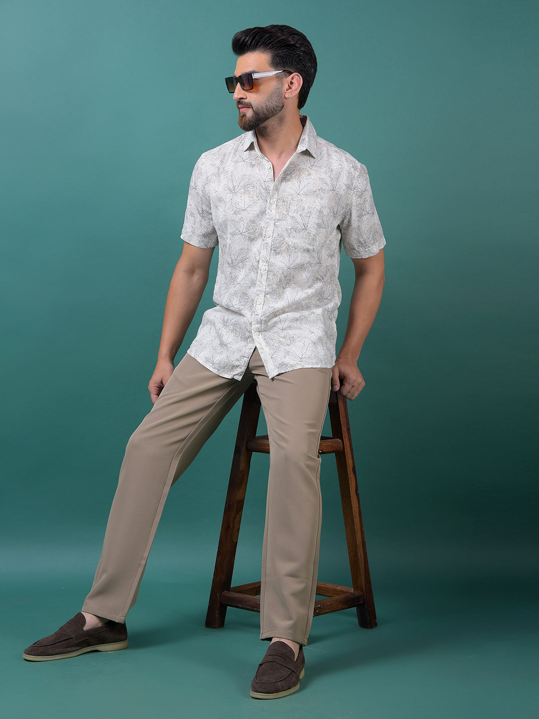 Grey Floral Print Linen Shirt-Men Shirts-Crimsoune Club