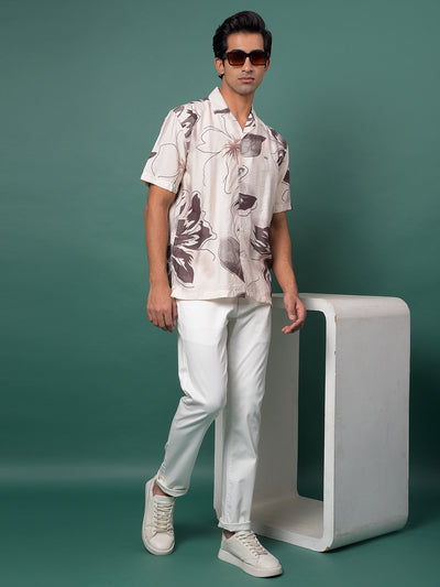 Brown Floral Print Resort Collar Shirt-Men Shirts-Crimsoune Club