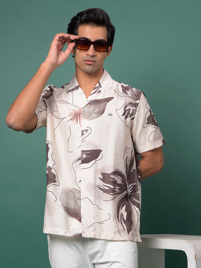 Brown Floral Print Resort Collar Shirt-Men Shirts-Crimsoune Club