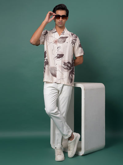 Brown Floral Print Resort Collar Shirt-Men Shirts-Crimsoune Club