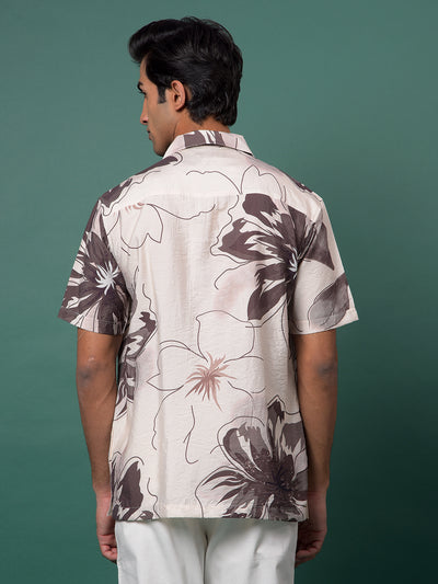 Brown Floral Print Resort Collar Shirt-Men Shirts-Crimsoune Club