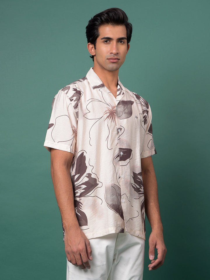 Brown Floral Print Resort Collar Shirt-Men Shirts-Crimsoune Club