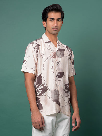 Brown Floral Print Resort Collar Shirt-Men Shirts-Crimsoune Club