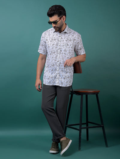 White Floral Print Linen Shirt-Men Shirts-Crimsoune Club