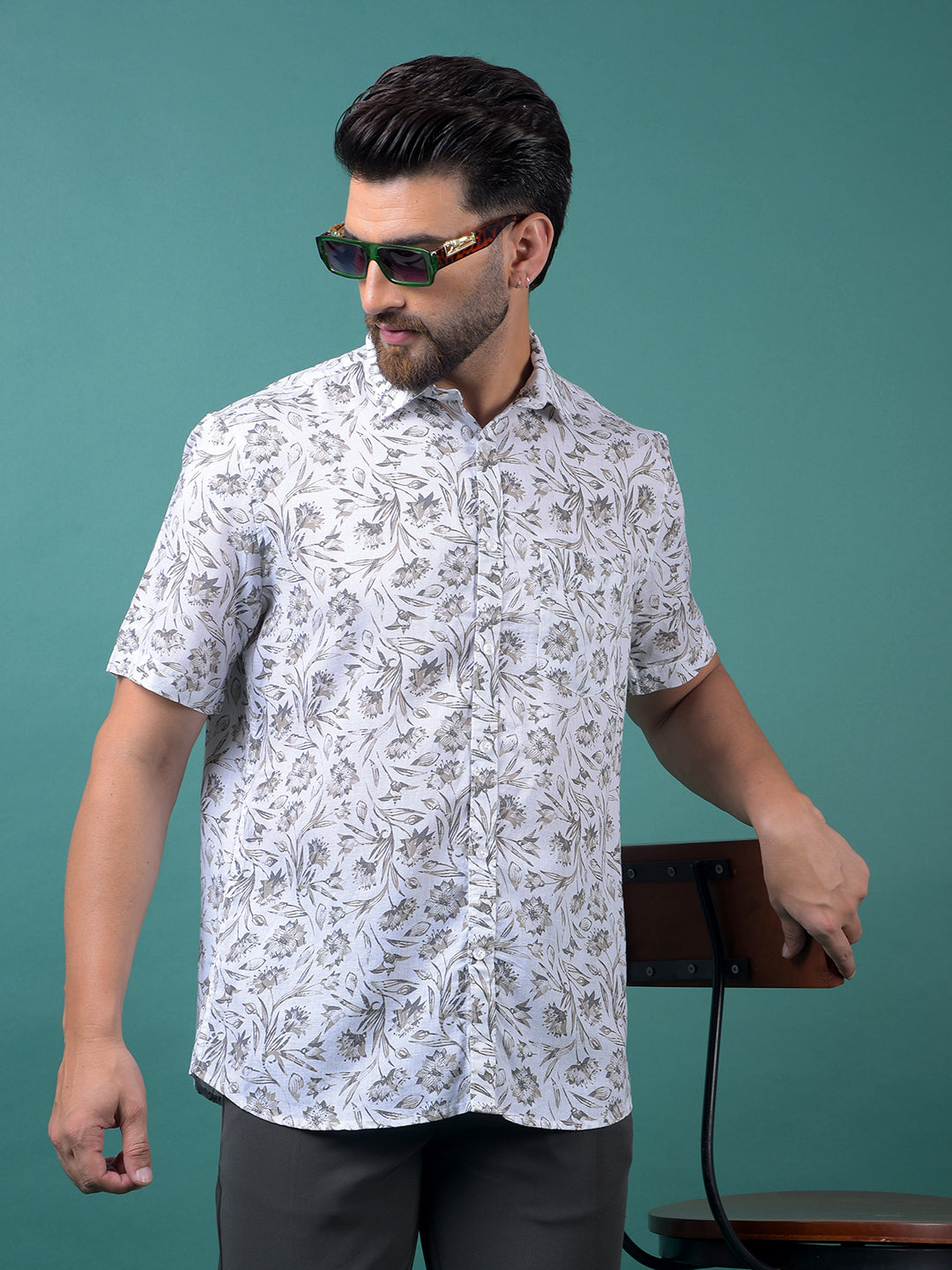 White Floral Print Linen Shirt-Men Shirts-Crimsoune Club