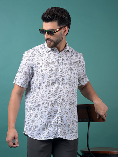 White Floral Print Linen Shirt-Men Shirts-Crimsoune Club