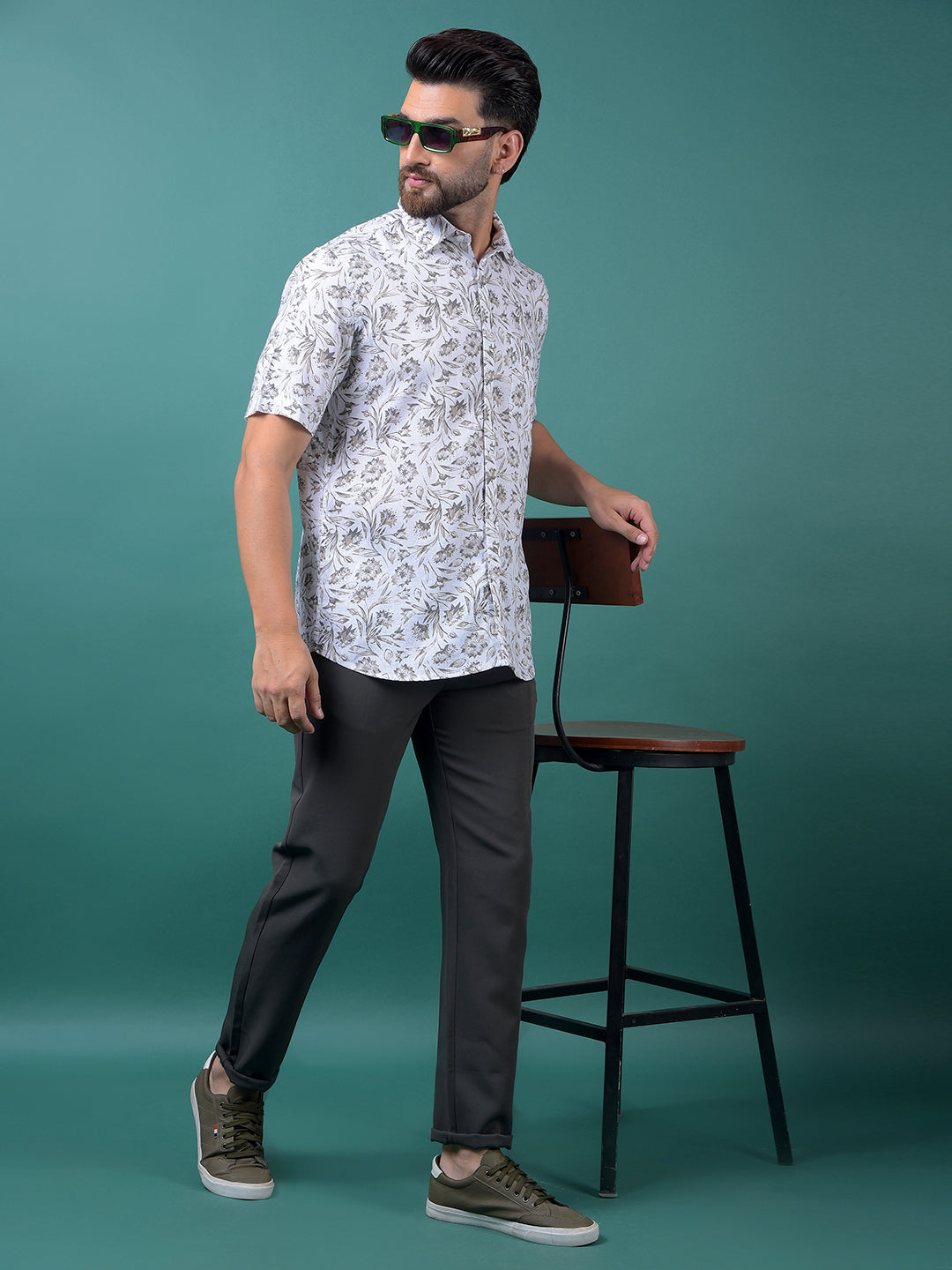 White Floral Print Linen Shirt-Men Shirts-Crimsoune Club