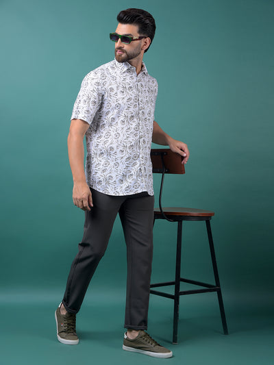 White Floral Print Linen Shirt-Men Shirts-Crimsoune Club
