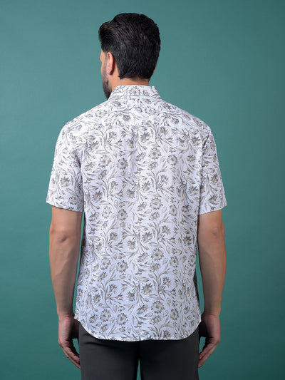 White Floral Print Linen Shirt-Men Shirts-Crimsoune Club