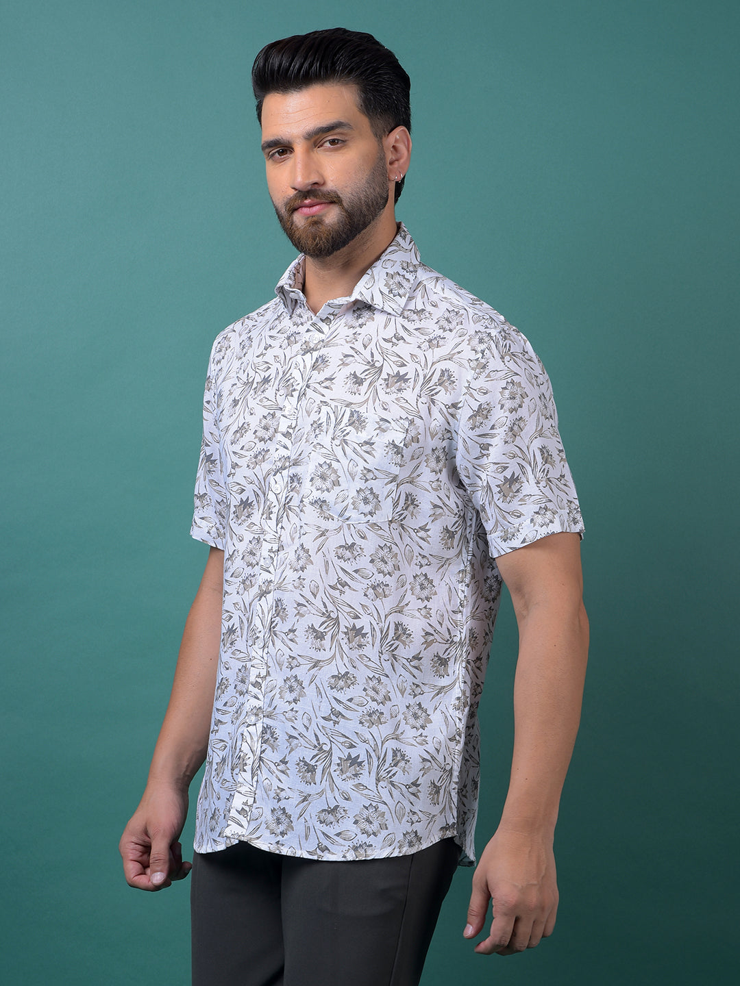 White Floral Print Linen Shirt-Men Shirts-Crimsoune Club