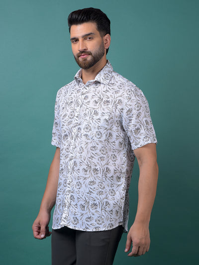 White Floral Print Linen Shirt-Men Shirts-Crimsoune Club