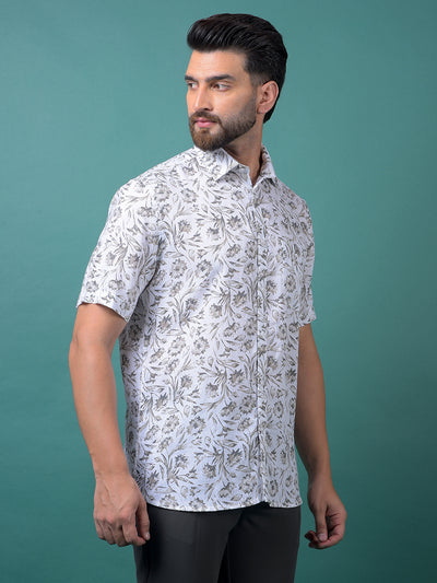White Floral Print Linen Shirt-Men Shirts-Crimsoune Club