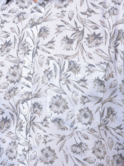 White Floral Print Linen Shirt-Men Shirts-Crimsoune Club