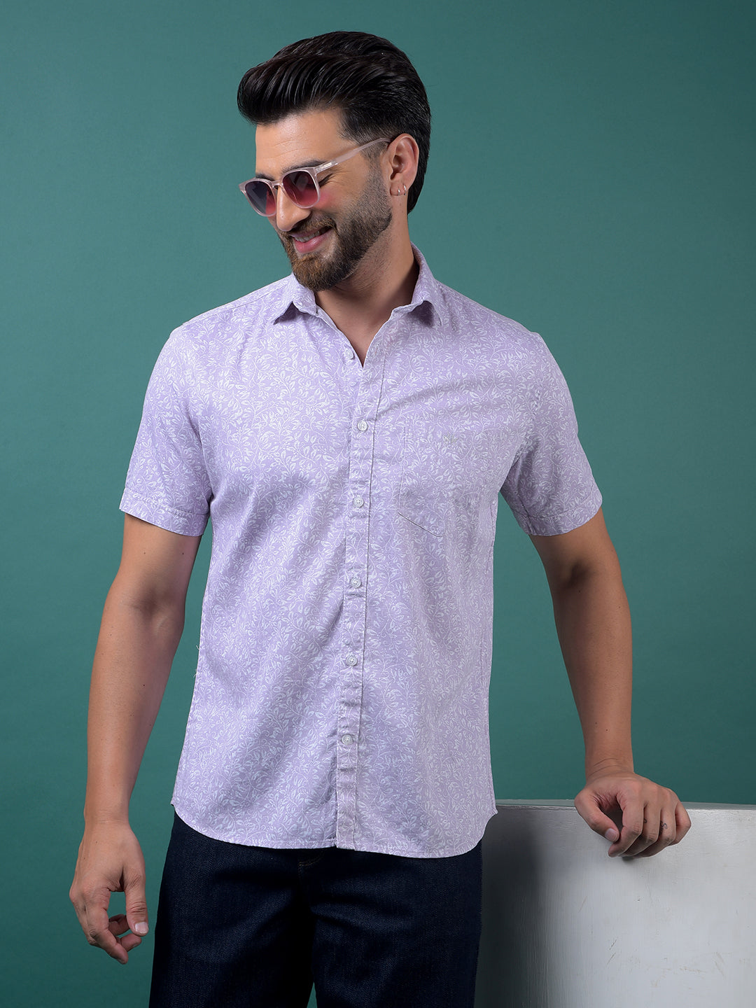 Purple Floral Print Shirt-Men Shirts-Crimsoune Club