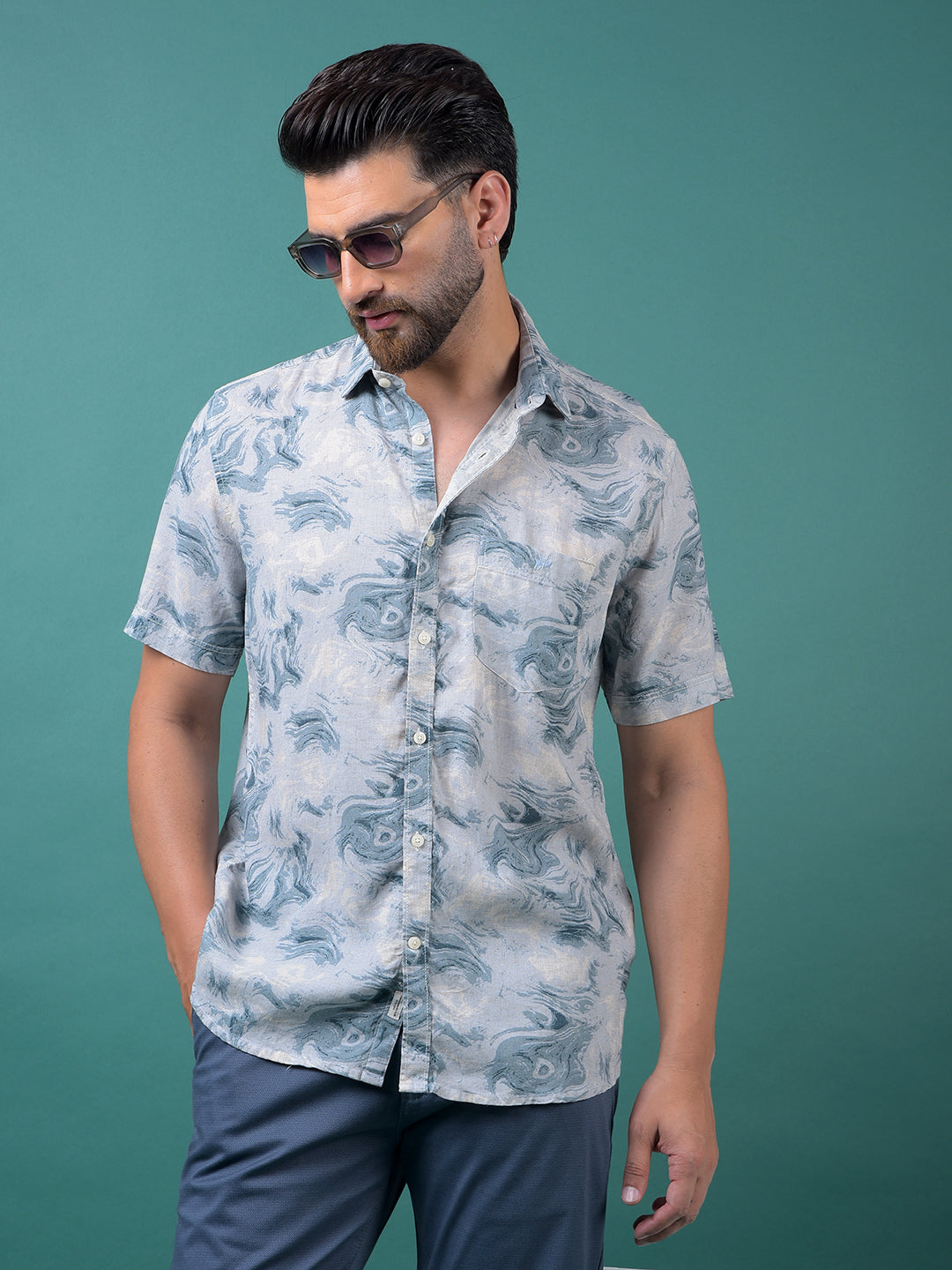 Blue Printed Linen Shirt-Men Shirts-Crimsoune Club