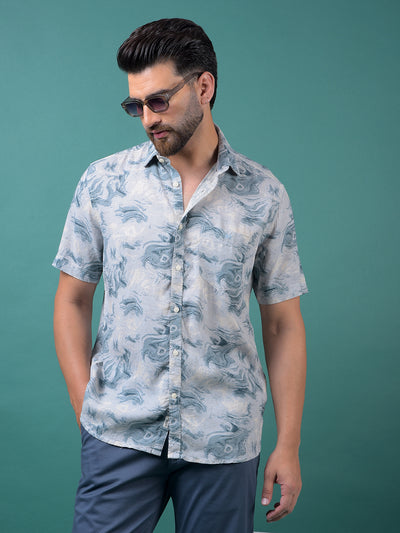 Blue Printed Linen Shirt-Men Shirts-Crimsoune Club