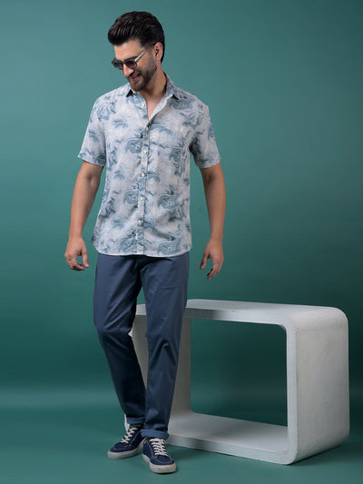 Blue Printed Linen Shirt-Men Shirts-Crimsoune Club