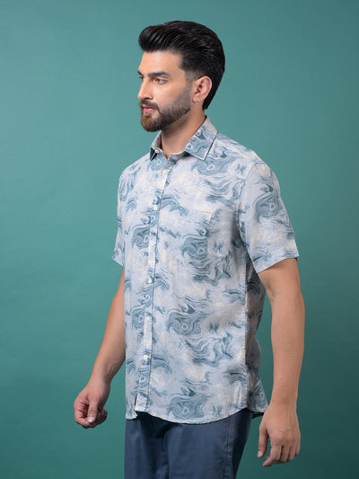 Blue Printed Linen Shirt-Men Shirts-Crimsoune Club