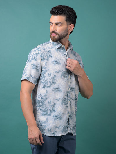 Blue Printed Linen Shirt-Men Shirts-Crimsoune Club