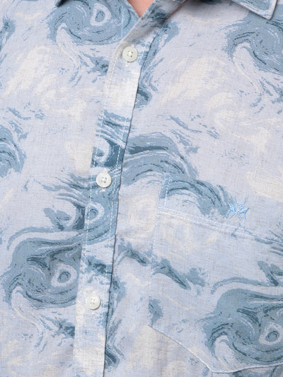 Blue Printed Linen Shirt-Men Shirts-Crimsoune Club