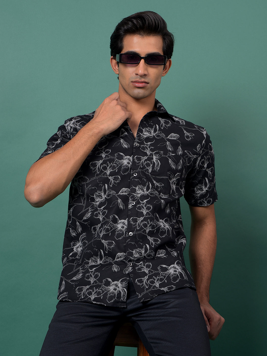 Black Floral Print Shirt-Men Shirts-Crimsoune Club
