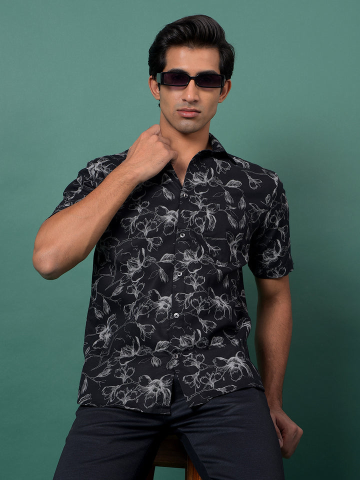Black Floral Print Shirt-Men Shirts-Crimsoune Club