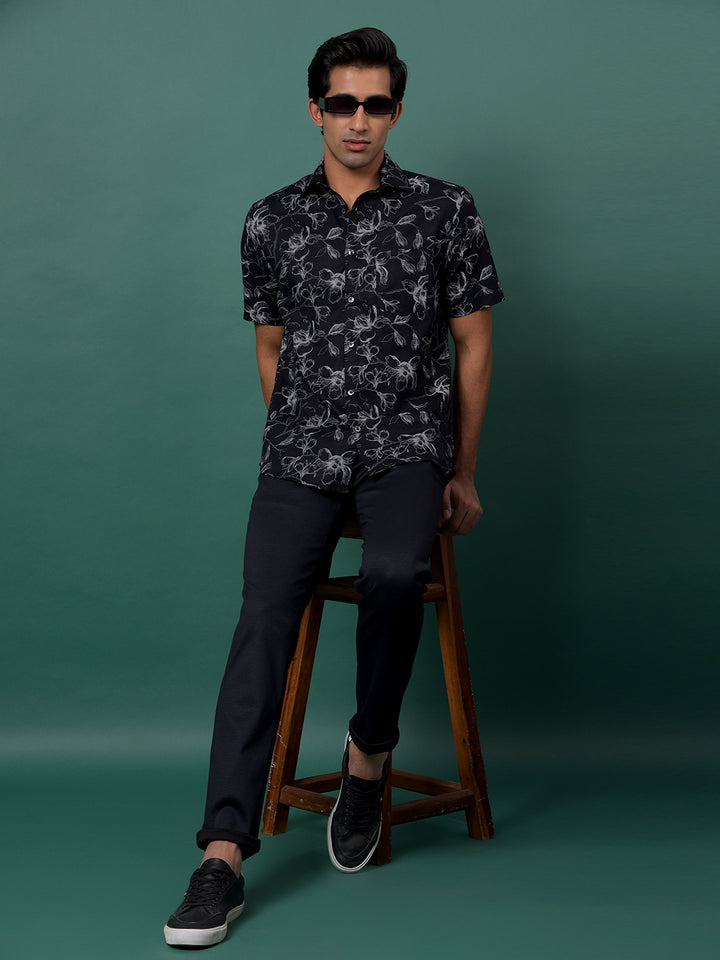 Black Floral Print Shirt-Men Shirts-Crimsoune Club