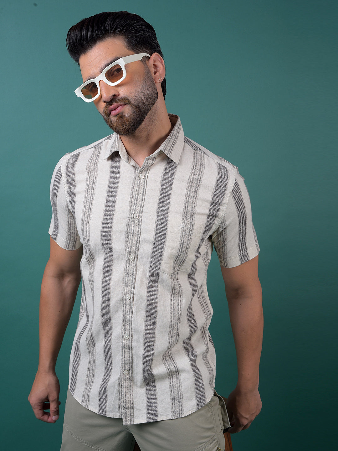 Off White Vertical Stripes Linen Shirt-Men Shirts-Crimsoune Club