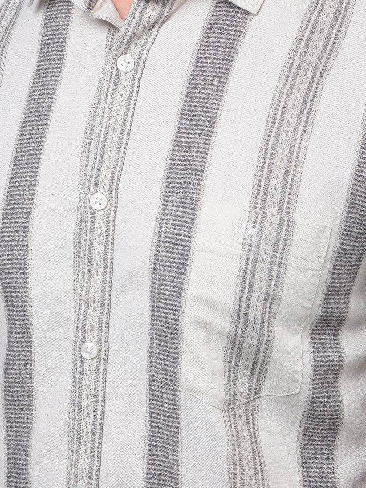 Off White Vertical Stripes Linen Shirt-Men Shirts-Crimsoune Club