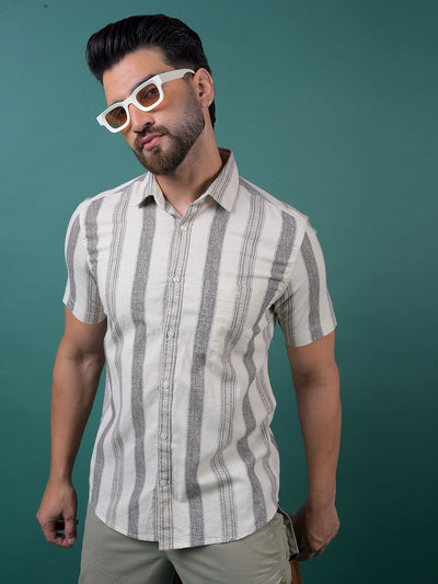 Off White Vertical Stripes Linen Shirt-Men Shirts-Crimsoune Club
