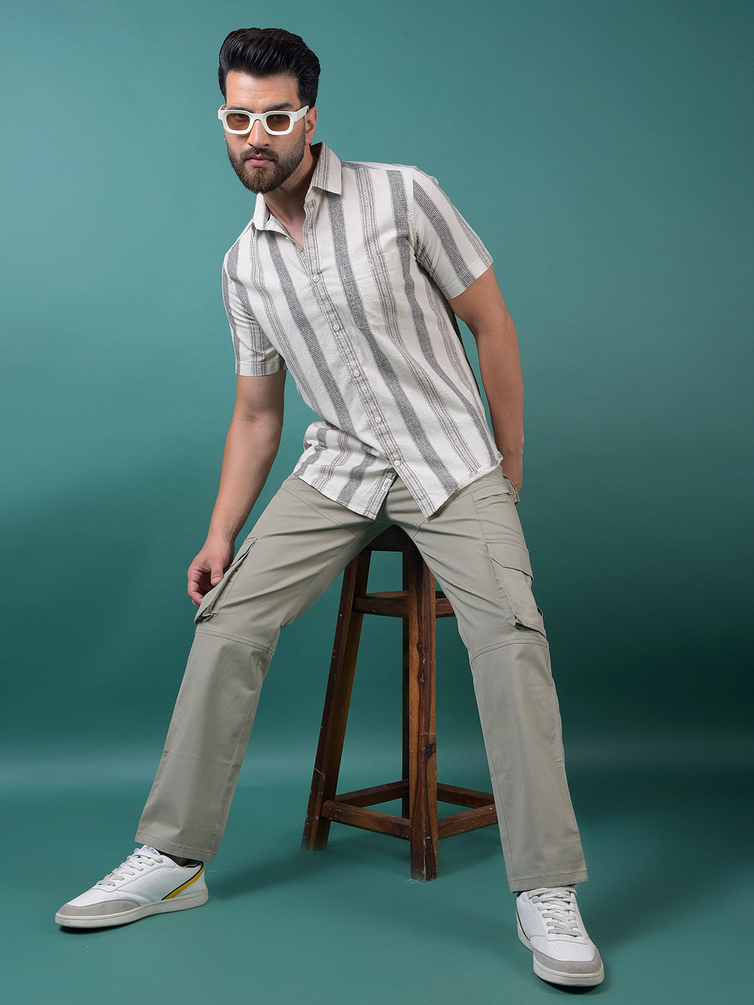 Off White Vertical Stripes Linen Shirt-Men Shirts-Crimsoune Club