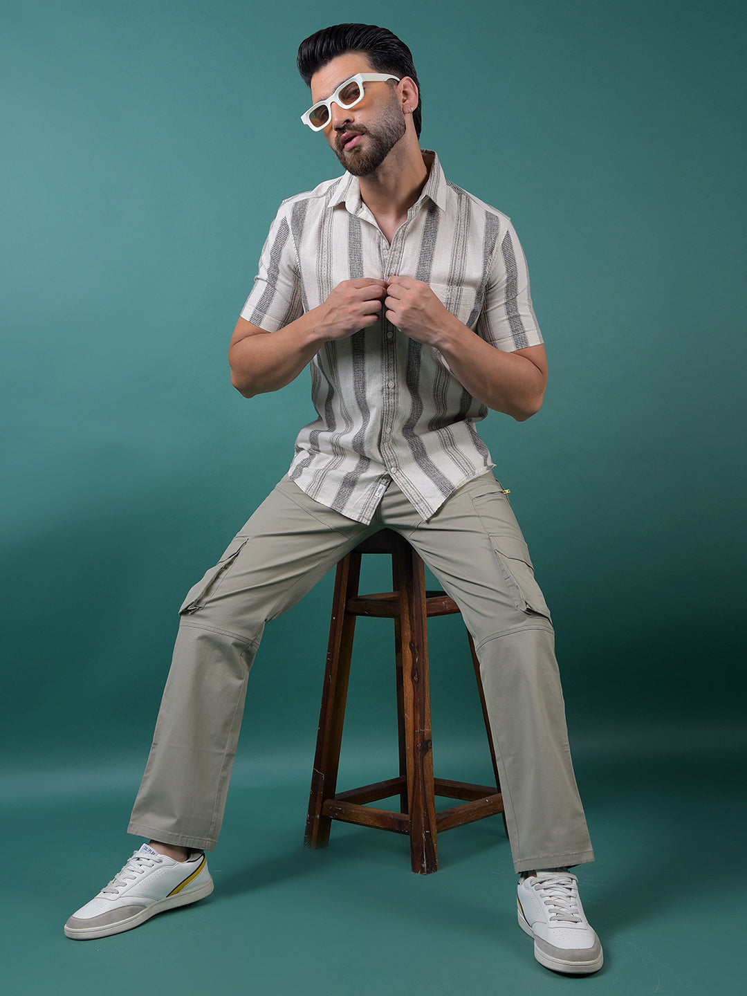 Off White Vertical Stripes Linen Shirt-Men Shirts-Crimsoune Club