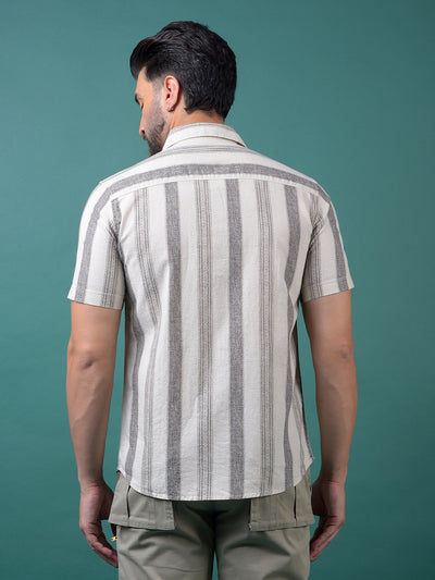 Off White Vertical Stripes Linen Shirt-Men Shirts-Crimsoune Club