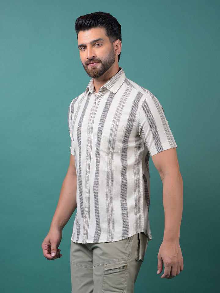 Off White Vertical Stripes Linen Shirt-Men Shirts-Crimsoune Club